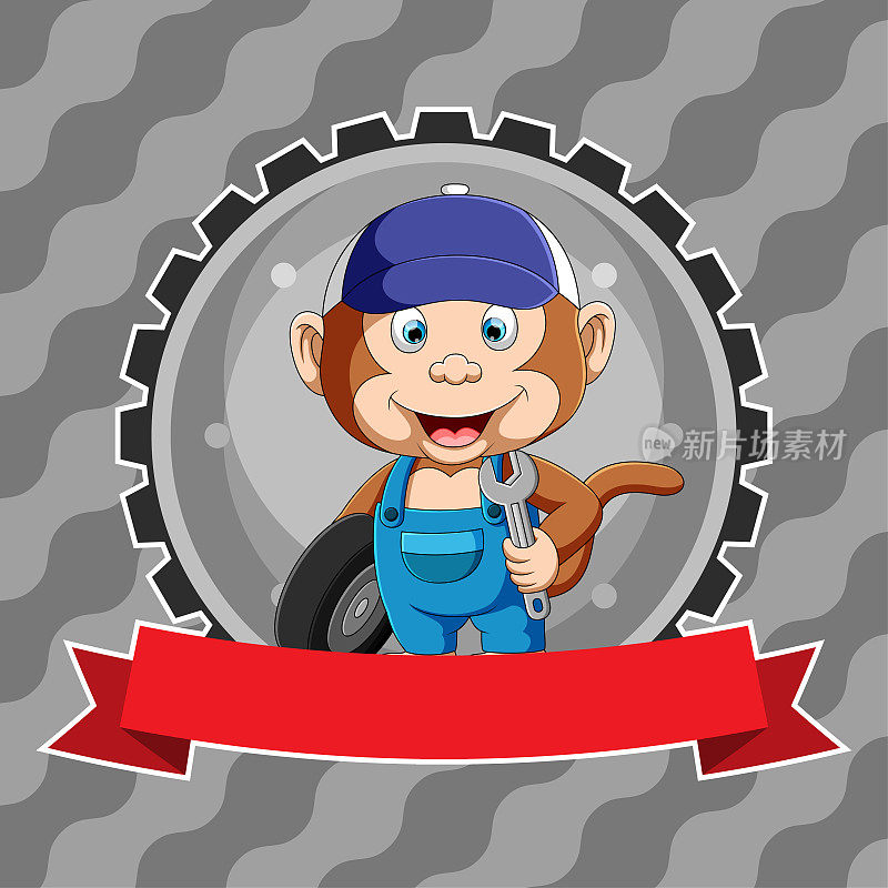 The mechanic monkey holding the wheels and wrench in his hand for the workshop logo inspiration